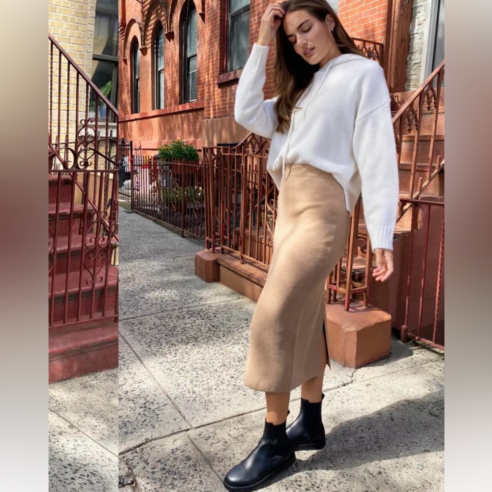 Aritzia Babaton Tan Knit Midi Pencil Skirt High Waist Back Slit Minimalist M - Picture 4 of 13